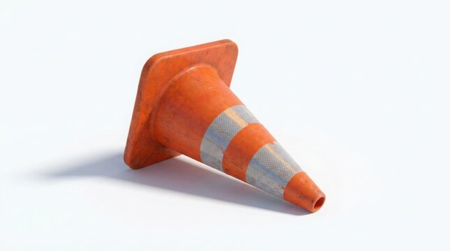Fallen orange traffic cone with reflective stripes isolated on a