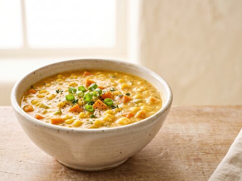 Creamy corn chowder garnished with chives on wooden table