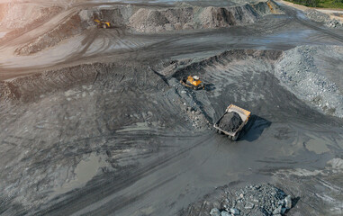 Open pit mining aerial scene with loaded dump truck and excavator on gravel piles for industrial background and extraction © Parilov