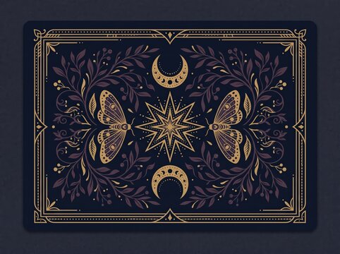 Decorative moth and crescent moon pattern printed on dark card