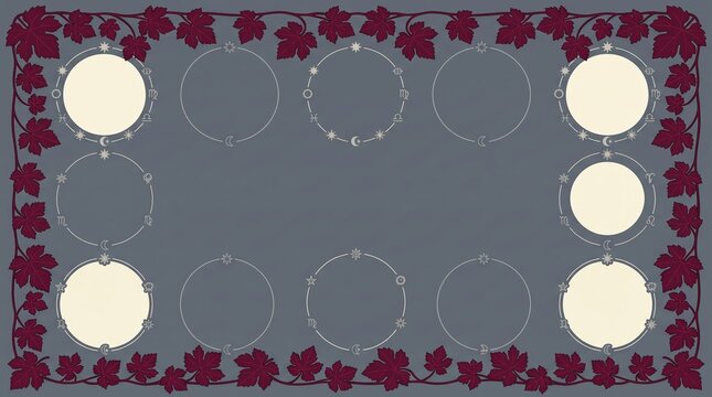 Table runner with grape leaf border and round plate spaces