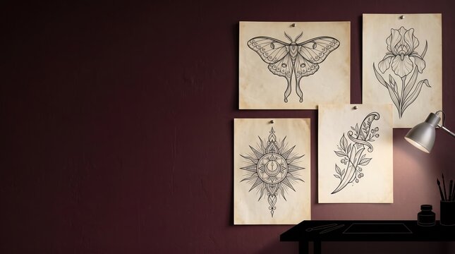 Paper botanical and insect sketches pinned on maroon wall