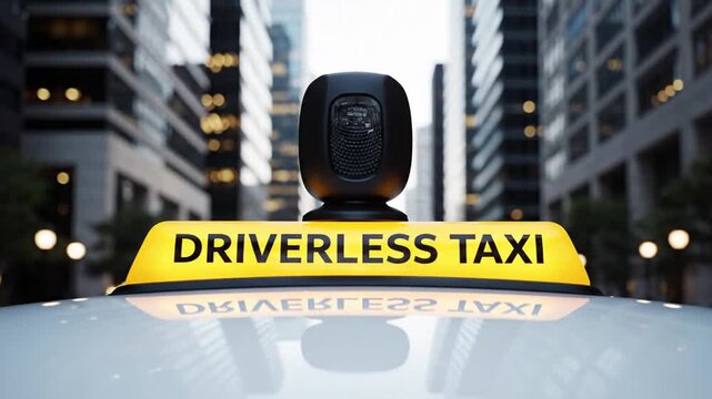 ​Autonomous driverless taxi sign with LiDAR camera sensor on roof in city center. Autonomous vehicle, self-driving car, smart mobility, future transportation, and AI technology concept.