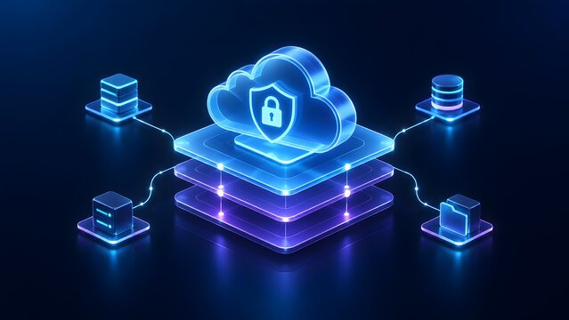 Secure cloud computing concept with a padlock shield icon illustrating data protection across a layered digital network infrastructure and connected services.