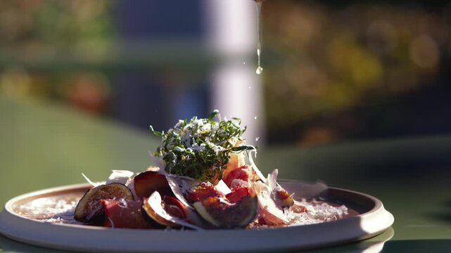 Gourmet dish plating with sauce drizzle, a culinary presentation