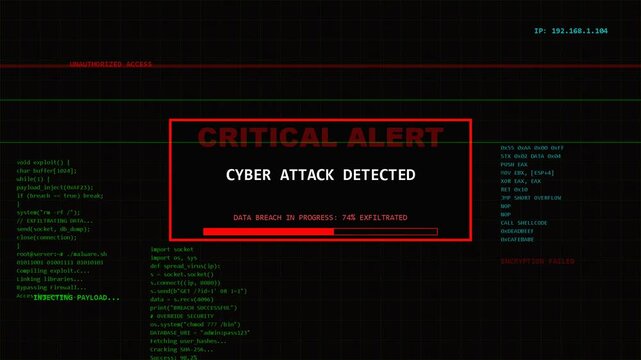 critical alert warning message on digital interface with cyber security threat analysis, data breach notification, system hack, red error frame