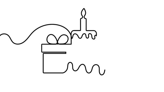 Birthday cake animation with gift box and party hat 4k motion graphics. Birthday cake animation features a continuous line drawing gift box, birthday cake, and party hat. 4K animation.