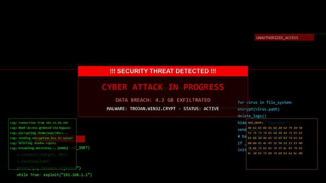 Digital security alert screen displaying cyber attack in progress, warning message, system breach, data hacking, network intrusion, emergency response