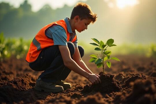 Young environmental specialist planting sapling in freshly tilled soil during land reclamation ceremony at dawn