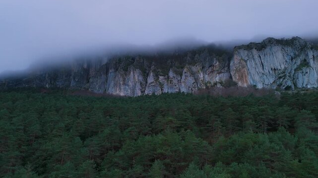 Aerial view from drone of winter landscape of rocks and forests in the Valderejo Natural Park. Municipality of Valdegov&iacute;a. Province of &Aacute;lava. Basque Country. Spain. Europe