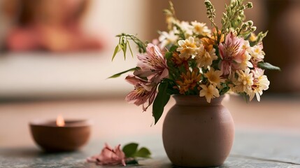 Fototapeta premium A rustic vase holds a delicate bouquet of pink and yellow flowers beside a small lit candle on a wooden surface