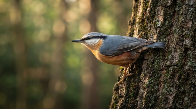 Eurasian Nuthatch Bird Perched on Tree Bark in Forest