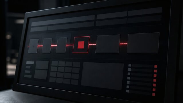 Dark monitor showing a minimalist workflow interface with connected process blocks and a single highlighted red node signaling an issue in a digital process flow