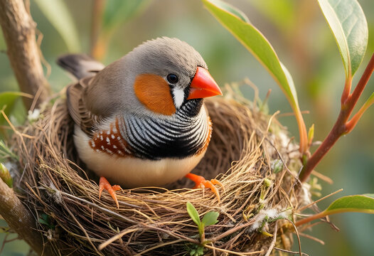Wildlife conservation and nature protection, zebra finch sitting in a woven nest on a tree branch during spring season for environmental awareness