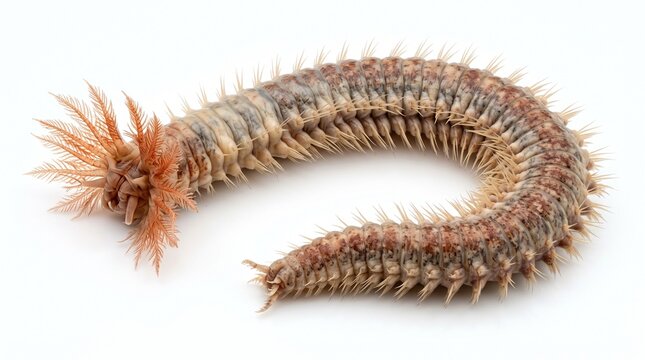 Deepsea worm specimen displays its segmented body and feathery appendages on a clean white background.