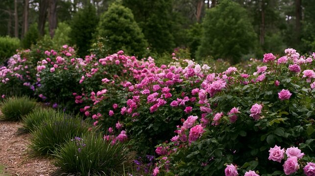 A vibrant garden filled with blooming pink roses  surrounded by green shrubs and trees under soft natural light