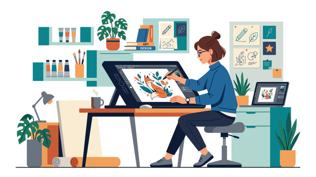 Female Digital Artist Working on Graphics Tablet in Creative Studio Office, Professional Illustrator Drawing Vector Art at Desk