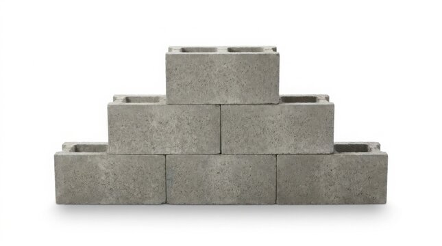Stack of grey concrete cinder blocks arranged in a pyramid shape on a