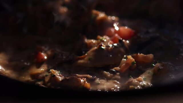 Gourmet dish with tomatoes and raisins in a dark restaurant setting