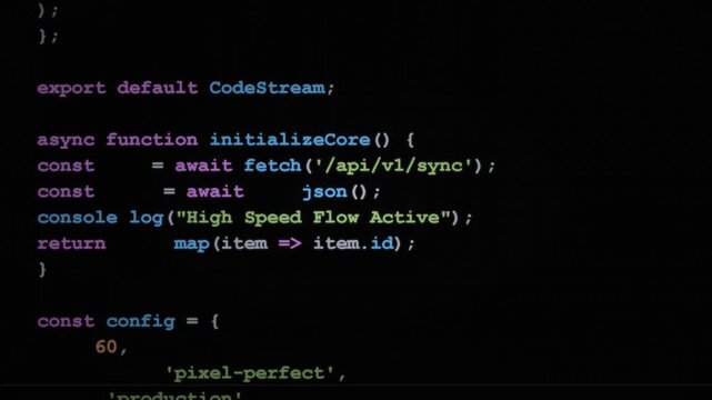 Software source code scrolling on dark screen, web development programming logic, syntax highlighting, computer monitor text display
