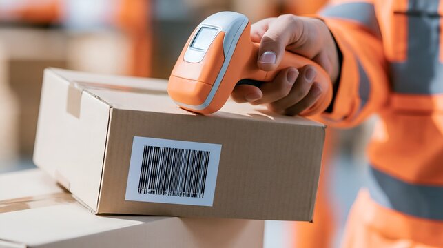 Close-up of person scanning shipping label on cardboard box