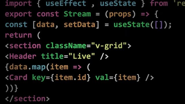 Javascript programming code scrolling on dark screen, web development syntax and software engineering background with colorful syntax highlighting