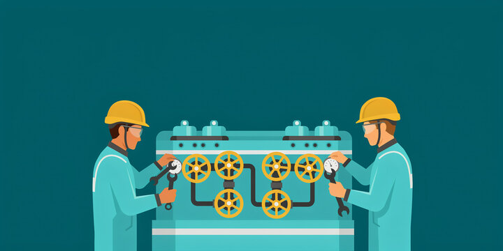 Mechanical technicians calibrating manifold valve system on a water electrolysis unit in green hydrogen flat art illustration