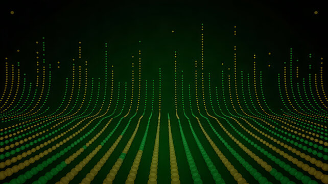 Green and yellow digital pulse field on a dark background with glowing dotted bars, soft blur and deep perspective. Abstract technology background for data stream, signal processing, cyber systems