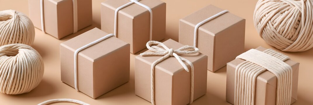 Natural twine wrapped gifts on warm beige surface