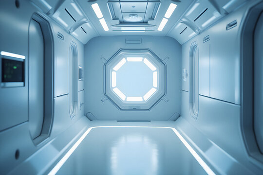 Zero gravity interior of a futuristic space module with hexagonal airlock and minimalist bio monitor display