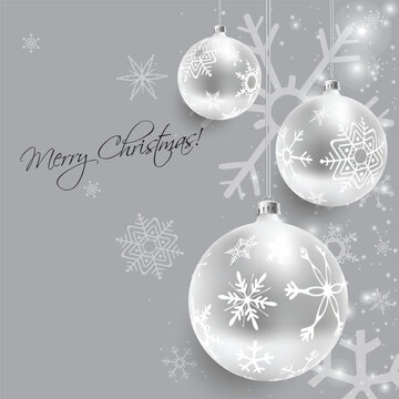 Elegant Christmas Ornaments with Snowflakes and Merry Christmas Greeting on Taupe Background Vector Illustration