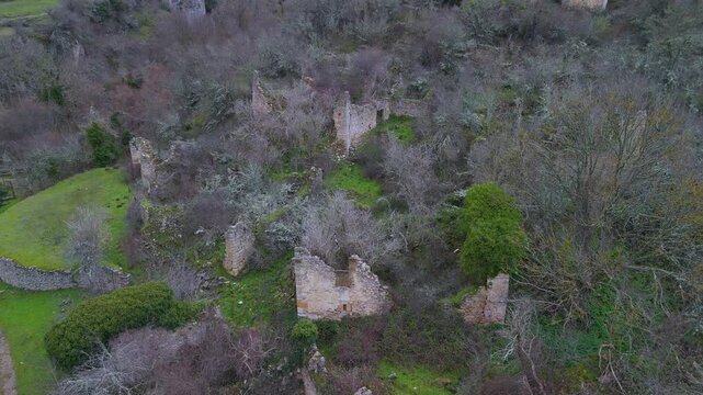 Aerial view from drone of the church of San Esteban in the abandoned village of Ribera in the Valderejo Natural Park. Municipality of Valdegov&iacute;a. Province of &Aacute;lava. Basque Country. Spain. Europe