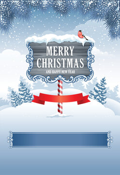 Merry Christmas and Happy New Year wooden sign with bullfinch bird in snowy winter landscape vector illustration with copy space.