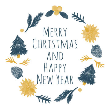 Festive Watercolor Wreath Greeting for Christmas Day and New Year, featuring Pine Branches and Berries on White