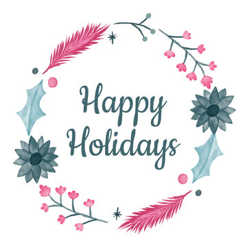 Happy Holidays Watercolor Wreath Illustration with Festive Pink Berries and Teal Foliage on White Background for Christmas Greeting Card Design