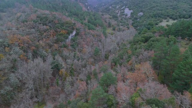 Aerial view from drone of the church of San Esteban in the abandoned village of Ribera in the Valderejo Natural Park. Municipality of Valdegov&iacute;a. Province of &Aacute;lava. Basque Country. Spain. Europe