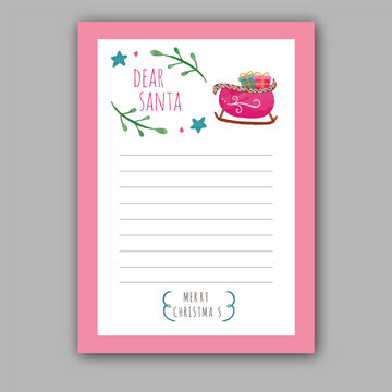 Christmas Letter to Santa Template with Festive Sleigh and Gifts, Watercolor Illustration with Copy Space and Pink Border for Holiday Wishes