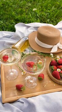 Picnic with strawberries and wine. Selective focus.