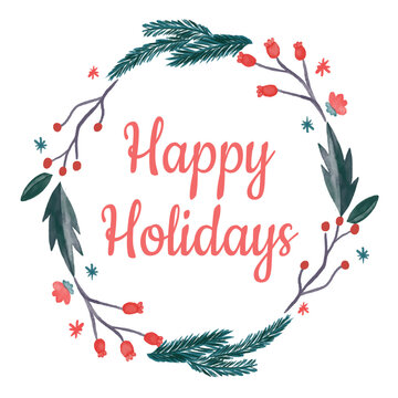 Festive Happy Holidays Watercolor Wreath Illustration with Pine Branches and Red Berries, Ideal for Christmas Day Greetings and Winter Celebrations