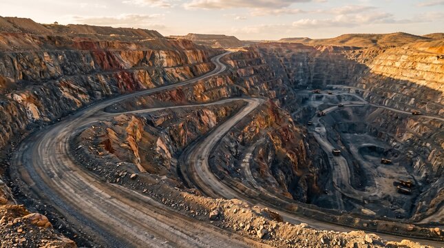 Open Pit Mine Haul Road Winding Past Red And Ochre Benches