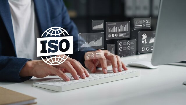 Business person typing on keyboard with iso certification data analytics