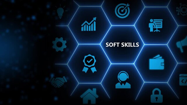 Soft skills concept. Interpersonal skills interacting with colleagues. Emotional intelligence, communication, problem solving, persuasion, collaboration, adaptability, empathy, critical analytics.