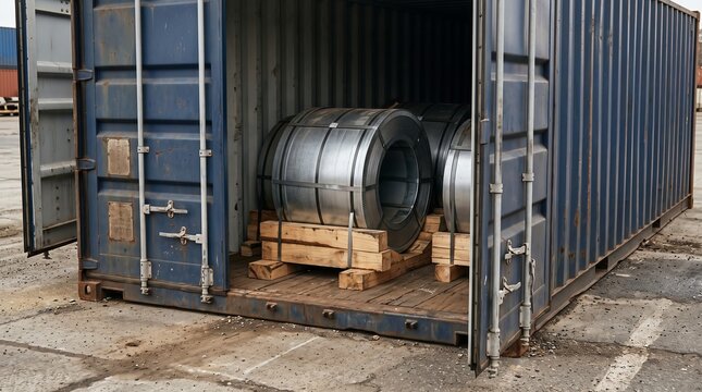 Steel Coils In Shipping Container Strapped On Timber Blocks