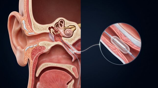 Anatomical illustration of human ear and throat with Eustachian tube balloon dilation procedure.