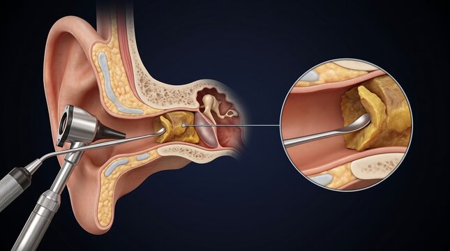 Medical illustration of earwax removal procedure using an otoscope and curette in a human ear canal.