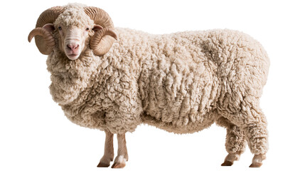 Large fluffy ram with curled horns and thick cream colored wool coat © Jannis