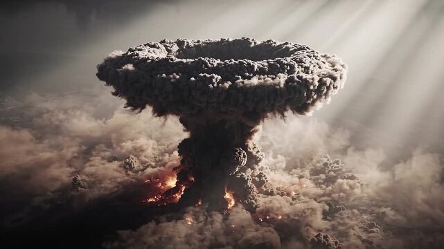 Nuclear explosion forms a towering mushroom cloud above burning clouds. Atomic blast, nuclear warfare and catastrophic destruction concept. Apocalyptic disaster, global security.