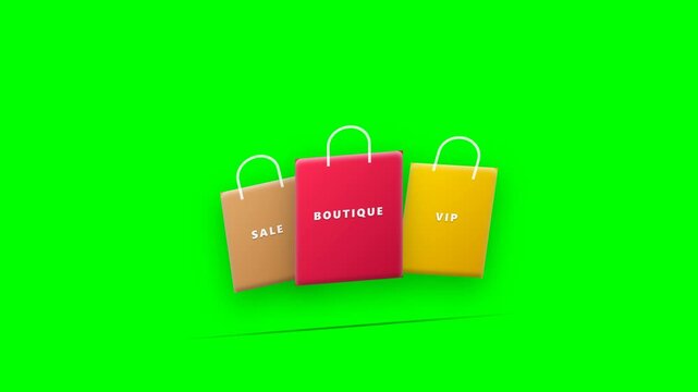 A 10-second 4K 60fps tactile 3D animation of three boutique shopping bags dropping and settling with physical handle pendulum sway on chroma key green screen.