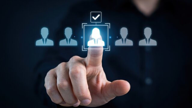 Hand touching digital screen selecting female candidate from group of human