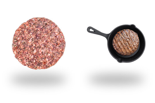 Raw round hamburger patty beside a grilled meat patty in a black skillet floating above soft shadows on white